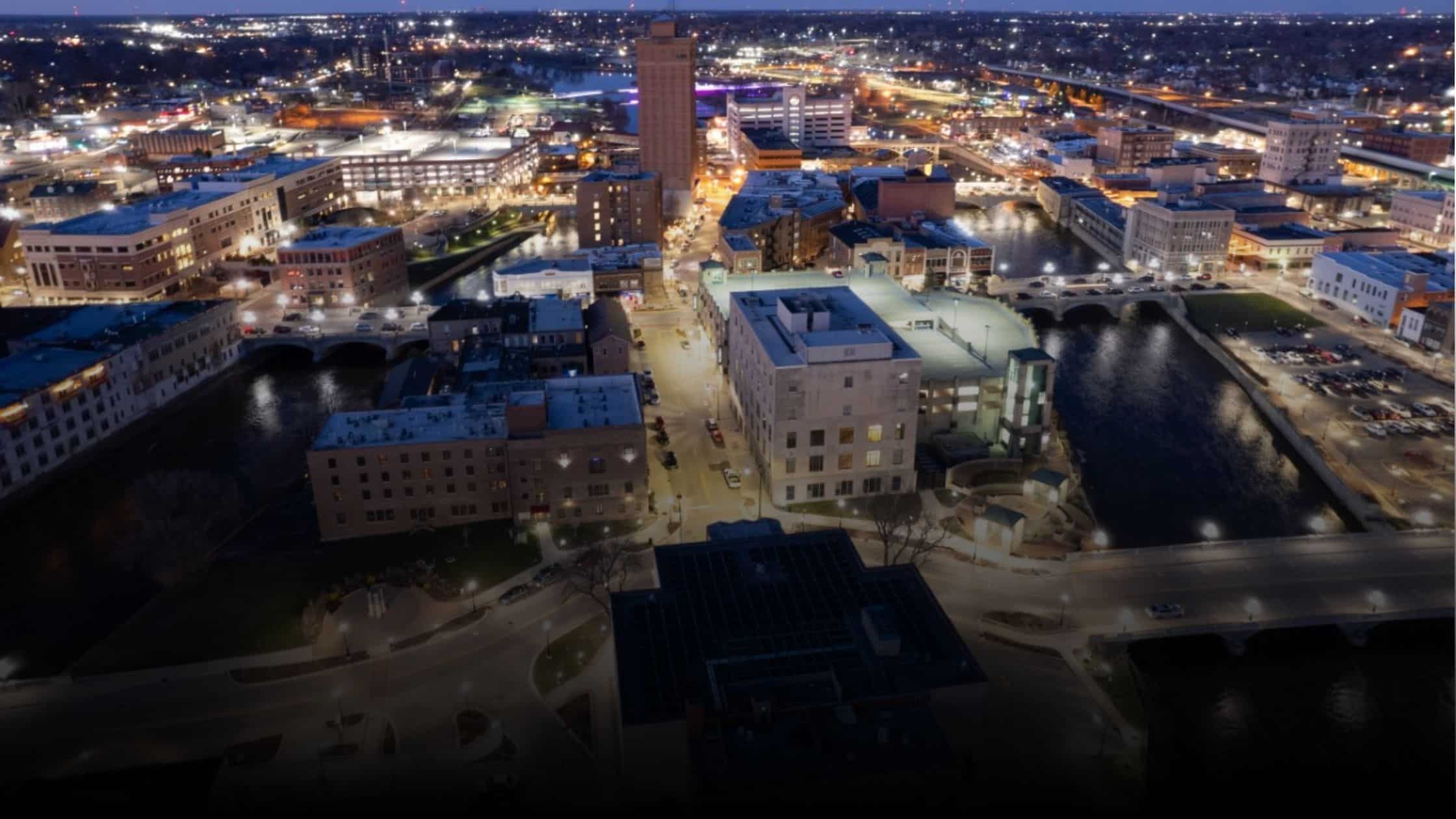 Aerial view of Aurora Illinois skyline at night